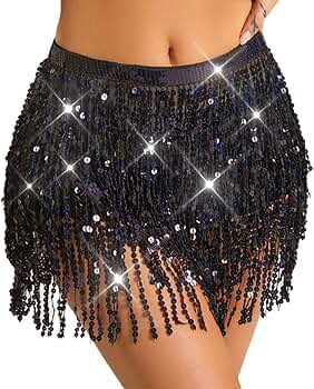 Amazon.com: TWINKLEDE Sequin Tassel Skirt Black Belly Dance